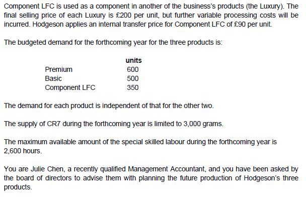 Component LFC is used as a component in another of the businesss products (the Luxury). The final selling price of each Luxu