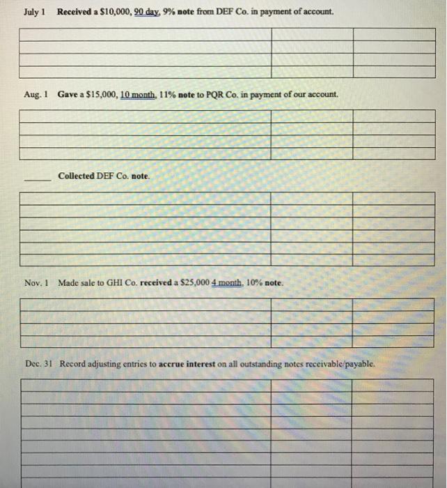 July 1 Received a $10,000, 90 day, 9% note from DEF Co. in payment of account. Aug. 1 Gave a $15,000, 10 month, 11% note to P