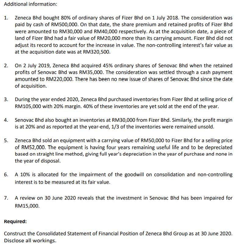 Additional information: 1. Zeneca Bhd bought 80% of ordinary shares of Fizer Bhd on 1 July 2018. The consideration was paid b