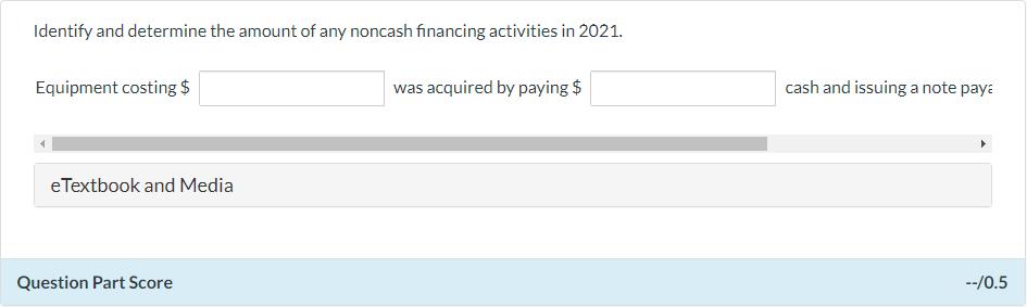 Identify and determine the amount of any noncash financing activities in 2021. Equipment costing $ was acquired by paying $ c