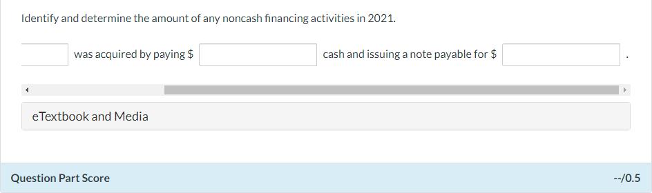 Identify and determine the amount of any noncash financing activities in 2021. was acquired by paying $ cash and issuing a no