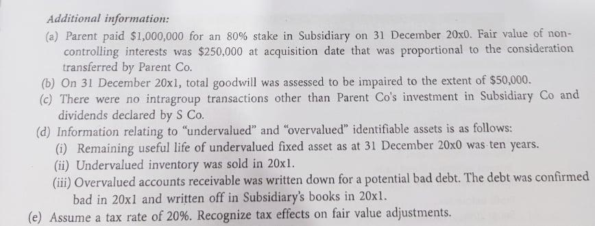 Additional information: (a) Parent paid $1,000,000 for an 80% stake in Subsidiary on 31 December 20x0. Fair value of non- con