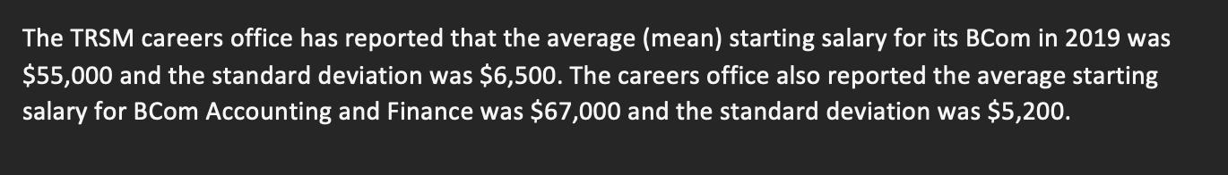 The TRSM careers office has reported that the average (mean) starting salary for its BCom in 2019 was $55,000 and the standar