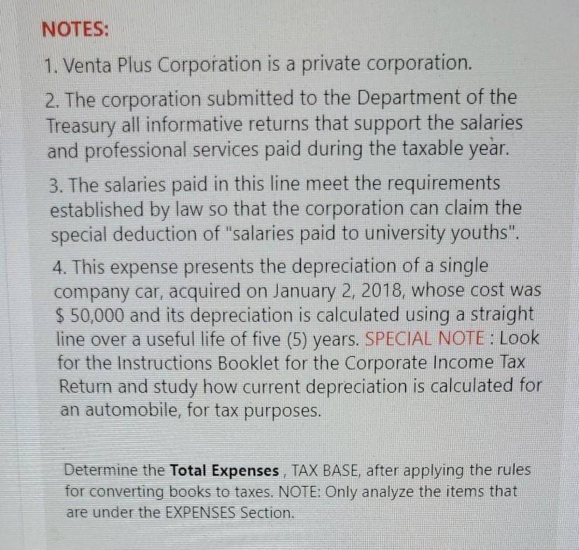 NOTES: 1. Venta Plus Corporation is a private corporation. 2. The corporation submitted to the Department of the Treasury all