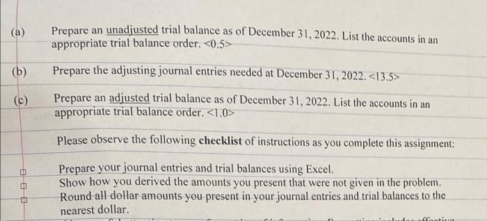 (a) (b) Prepare an unadjusted trial balance as of December 31, 2022. List the accounts in an appropriate trial balance order.