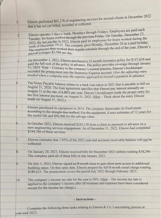 1. 2. Elmore performed $65.370 of engineering services for several clients in December 2022 that it has not yet billed, recor