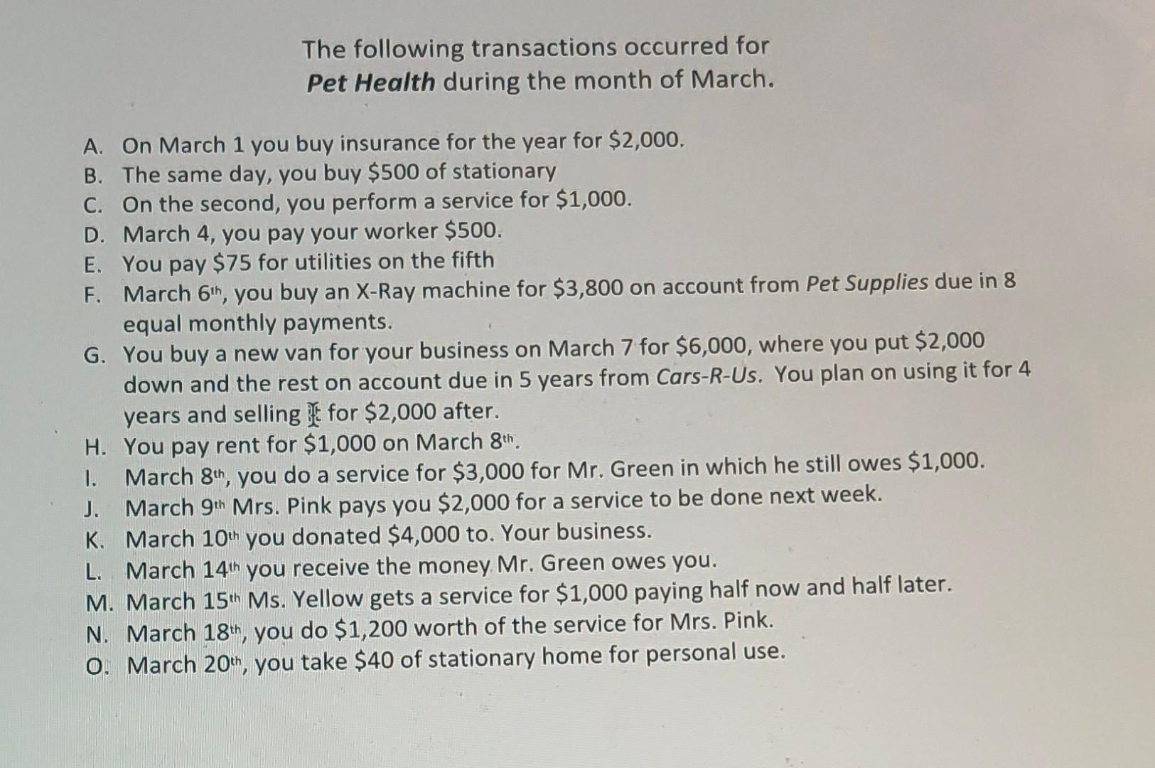 The following transactions occurred for Pet Health during the month of March. A. On March 1 you buy insurance for the year fo