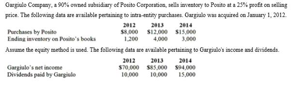 Gargiulo Company, a 90% owned subsidiary of Posito Corporation, sells inventory to Posito at a 25% profit on sellingprice. T