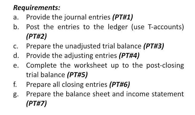 C. Requirements: a. Provide the journal entries (PT#1) b. Post the entries to the ledger (use T-accounts) (PT#2) Prepare the