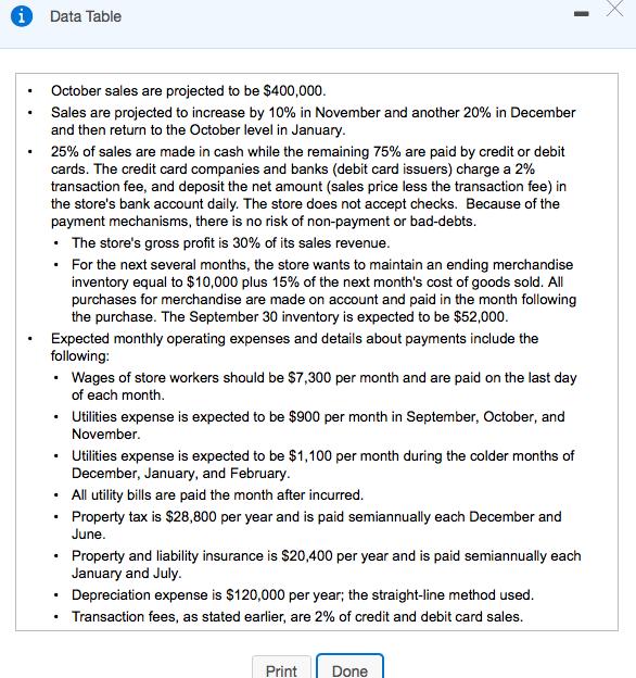 1Data Table October sales are projected to be $400,000 Sales are projected to increase by 10% in November and another 20% in