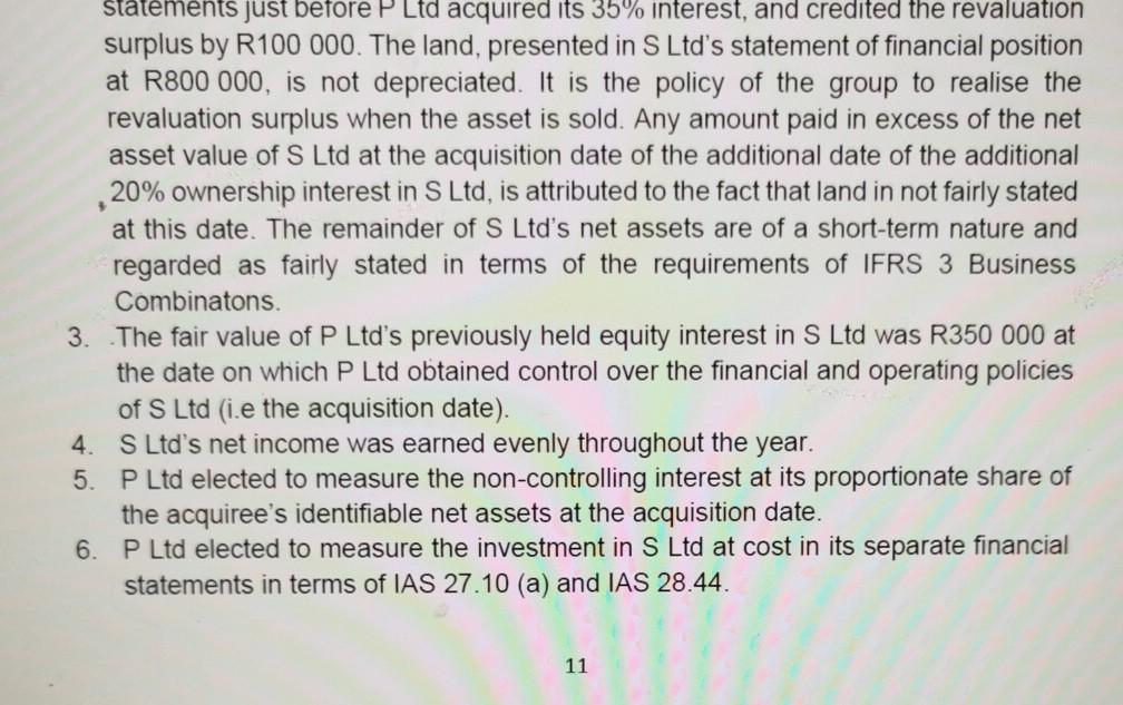statements just before P Ltd acquired its 35% interest, and credited the revaluationsurplus by R100 000. The land, presented