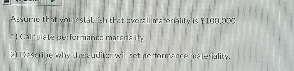 Assume that you establish that overall materiality is $100,000. 1) Calculate performance materiality. 2) Describe why the aud