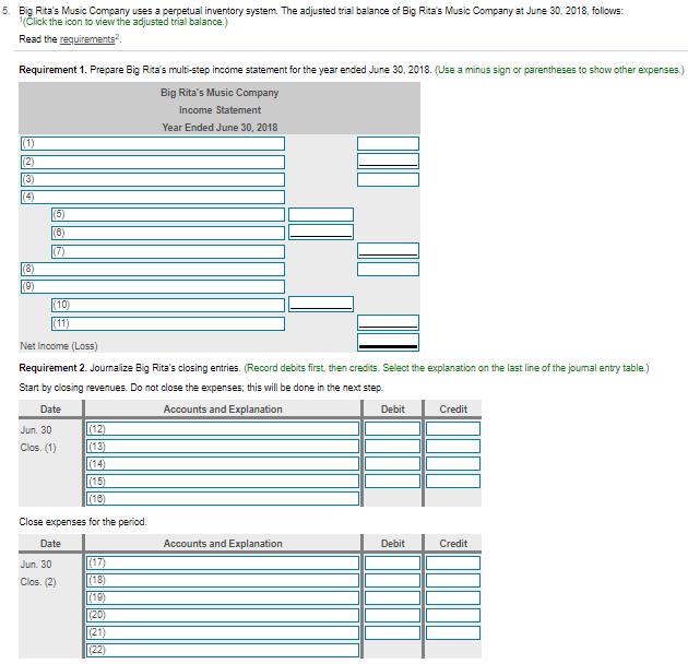 5. Big Ritas Music Company uses a perpetual inventory system. The adjusted trial balance of Big Ritas Music Company at June