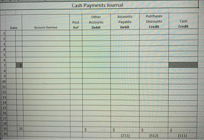 Cash Payments JournalPostRefOtherAccountsDebitAccountsPayableDebitPurchasesDiscountsCreditCashCreditDateAccoun