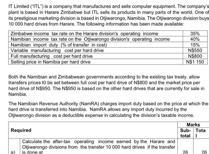 IT Limited (ITL) is a company that manufactures and sells computer equipment. The companysplant is based in Harare Zimbab