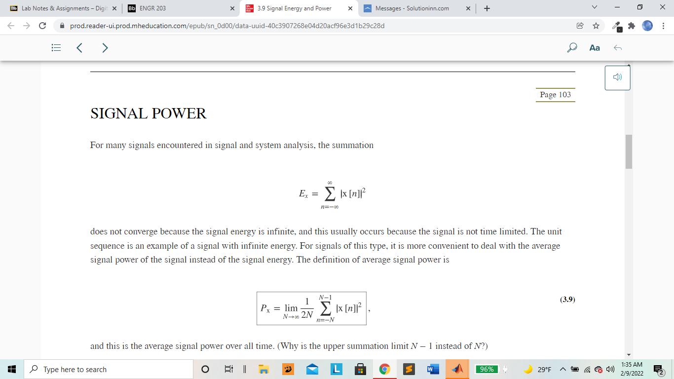 Bb Lab Notes & Assignments - Digit x Bb ENGR 203   C 84 115 SIGNAL POWER X 3.9 Signal Energy and Power X