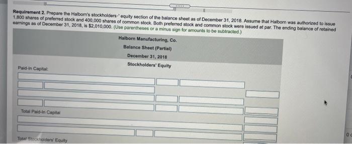 Requirement 2. Prepare the Halboms stockholders.equity section of the balance sheet as of December 31, 2018. Assume that Ha