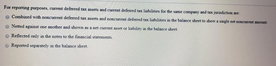 For reporting purposes, current deferred tax assets and current deferred tax liabilities for the same company and tax jurisdi