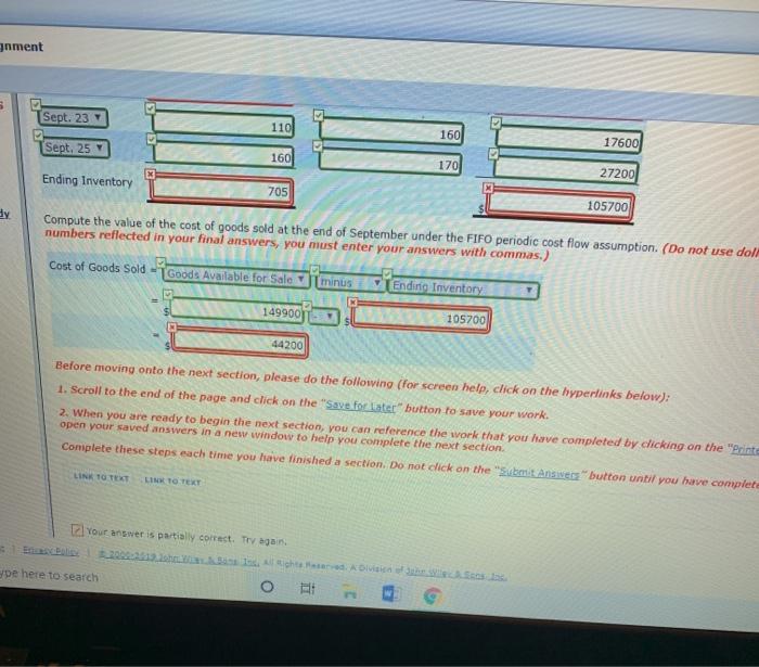 mentSept. 2317600Sept. 2516027200Ending Inventory705105700Compute the value of the cost of goods sold at the end of