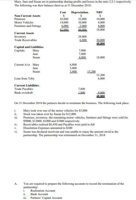 Mary, Jane and Susan are in partnership sharing profits and losses in the ratio 2:2:1 respectively. The following was their b