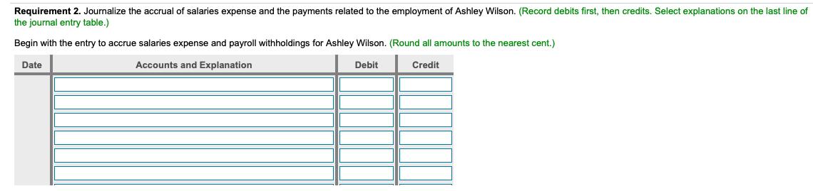 Requirement 2. Journalize the accrual of salaries expense and the payments related to the employment of Ashley Wilson. (Recor