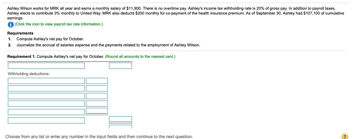 Ashley Wilson works for MRK all year and earns a monthly salary of $11,900. There is no overtime pay. Ashleys income tax wit