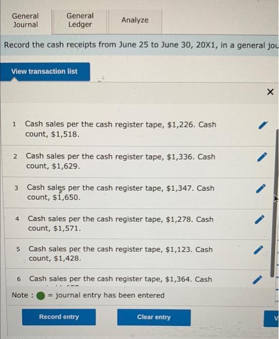 General Journal General Ledger Analyze Record the cash receipts from June 25 to June 30, 20x1, in a general jou View transact