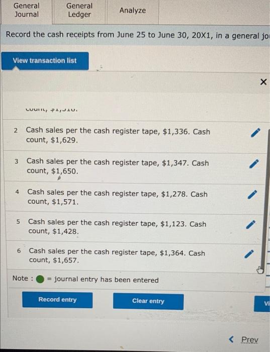 General Journal General Ledger Analyze Record the cash receipts from June 25 to June 30, 20X1, in a general jo View transacti