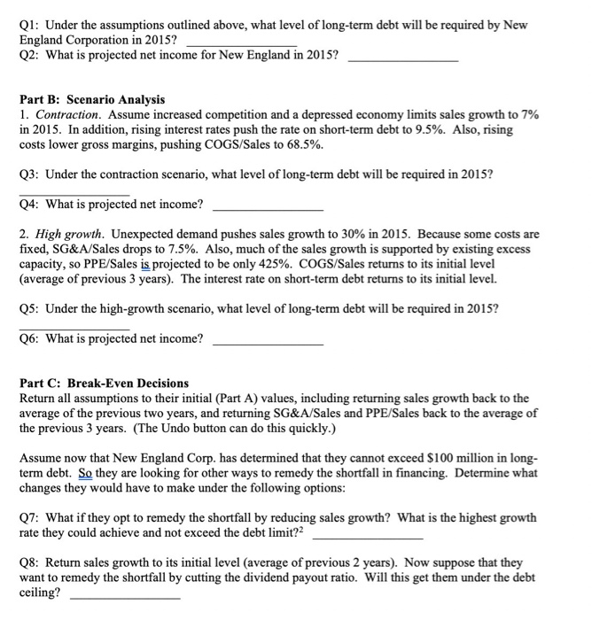 Q1: Under the assumptions outlined above, what level of long-term debt will be required by New England Corporation in 2015? Q