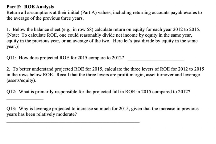 Part F: ROE Analysis Return all assumptions at their initial (Part A) values, including returning accounts payable/sales to t