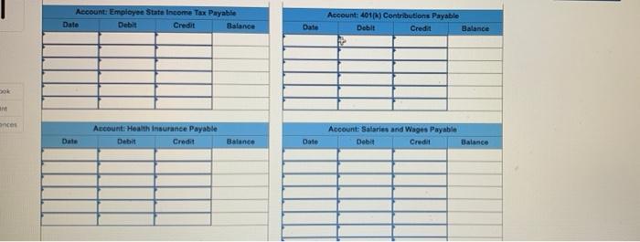 Account: Employee State Income Tax Payable Date Debit Credit Balance Account: 4011) Contributions Payable Debit Credit Balanc