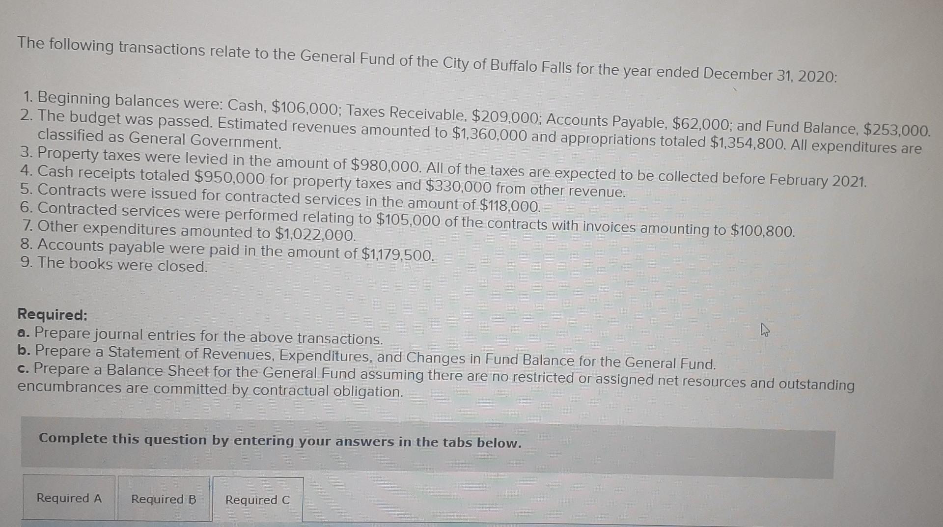 The following transactions relate to the General Fund of the City of Buffalo Falls for the year ended December 31, 2020: 1. B