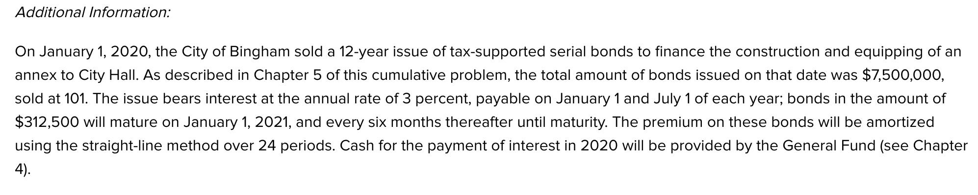 Additional Information: On January 1, 2020, the City of Bingham sold a 12-year issue of tax-supported serial bonds to finance