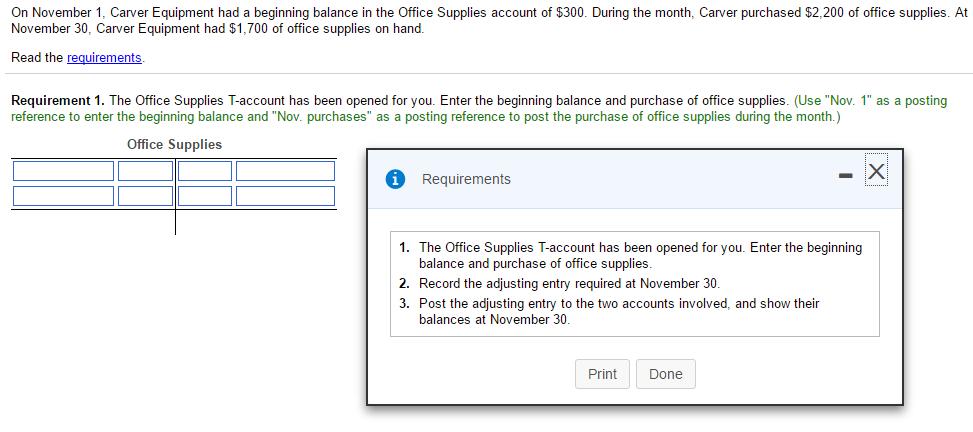 On November 1, Carver Equipment had a beginning balance in the Office Supplies account of $300. During the month, Carver purchased $2,200 of office supplies. At November 30, Carver Equipment had $1,700 of office supplies on hand. Read the reguirements. Requirement 1. The Office Supplies Taccount has been opened for you. Enter the beginning balance and purchase of office supplies Use Nov. 1 as a posting reference to enter the beginning balance and Nov. purchases as a posting reference to post the purchase of office supplies during the month.) Office Supplies Ci Requirements 1. The Office Supplies T-account has been opened for you. Enter the beginning balance and purchase of office supplies 2. Record the adjusting entry required at November 30 3. Post the adjusting entry to the two accounts involved, and show their balances at November 30. Print Done