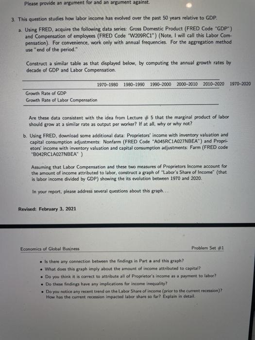 Please provide an argument for and an argument against3. This question studies how labor income has evolved over the past 50