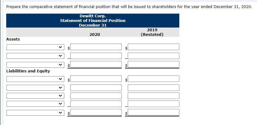 Prepare the comparative statement of financial position that will be issued to shareholders for the year ended December 31, 2