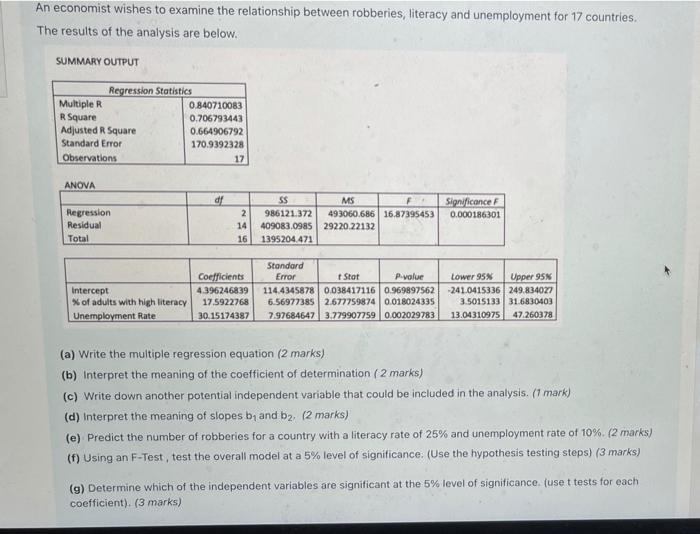 An economist wishes to examine the relationship between robberies, literacy and unemployment for 17 countries. The results of