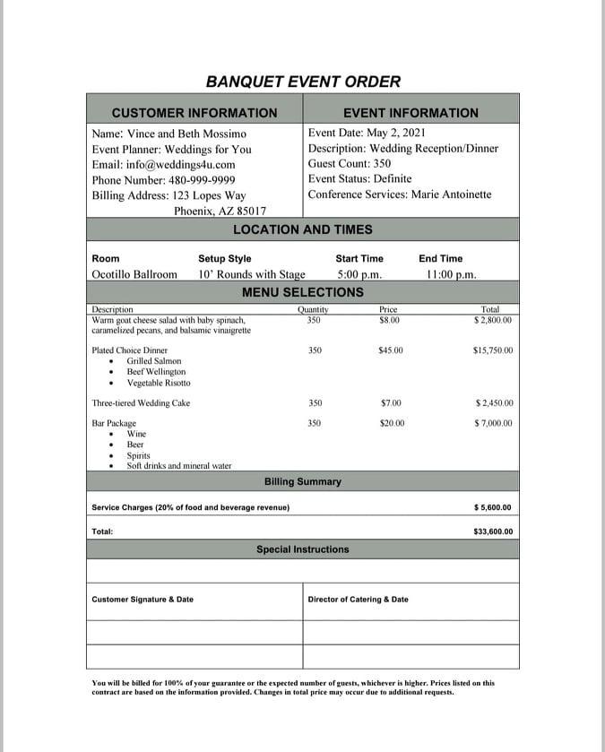 BANQUET EVENT ORDER CUSTOMER INFORMATION EVENT INFORMATION Name: Vince and Beth Mossimo Event Date: May 2, 2021 Event Planner