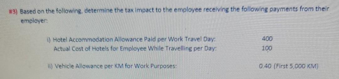 #3) Based on the following, determine the tax impact to the employee receiving the following payments from theiremployer:1)