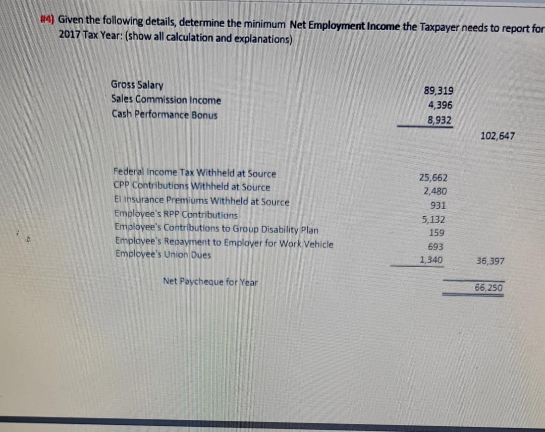 #4) Given the following details, determine the minimum Net Employment Income the Taxpayer needs to report for2017 Tax Year: