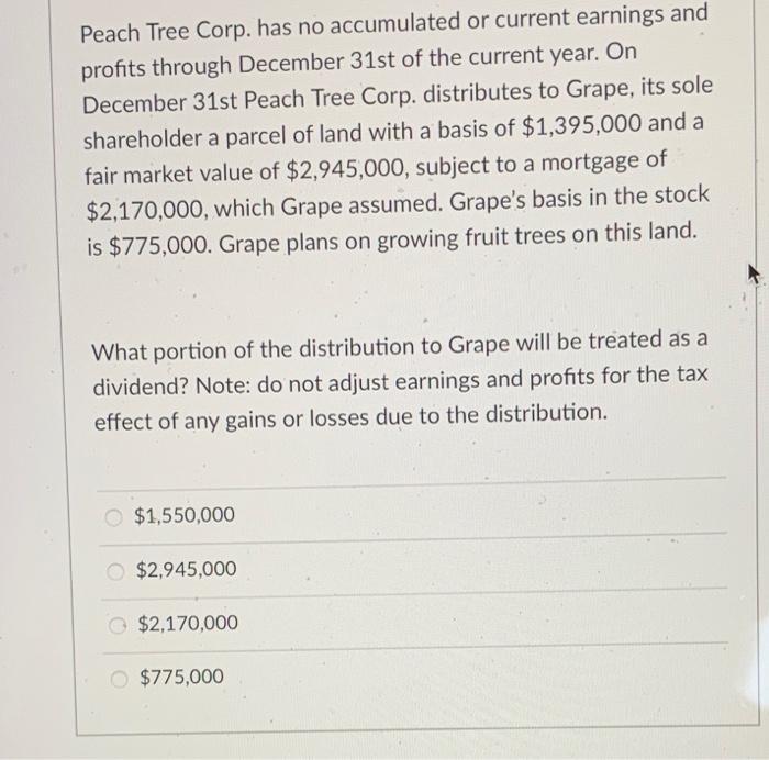 Peach Tree Corp. has no accumulated or current earnings and profits through December 31st of the current year. On December 31