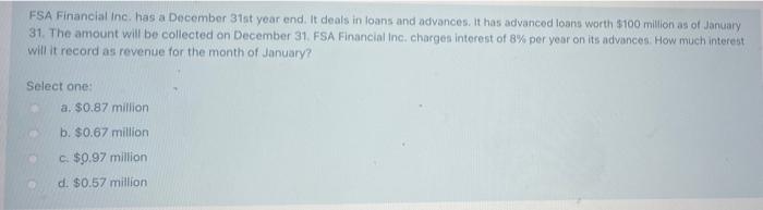 FSA Financial Inc. has a December 31st year end. It deals in loans and advances. It has advanced loans worth 5100 million as