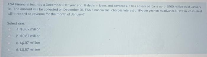 FSA Financial Inc. has a December 31st year end. It deals in loans and advances. It has advanced loans worth 5100 million as