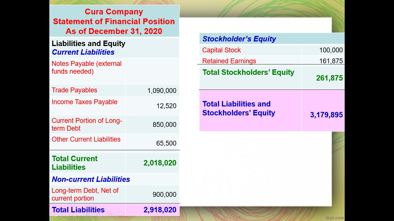 Cura Company Statement of Financial Position As of December 31, 2020 Liabilities and Equity Current Liabilities Notes Payable