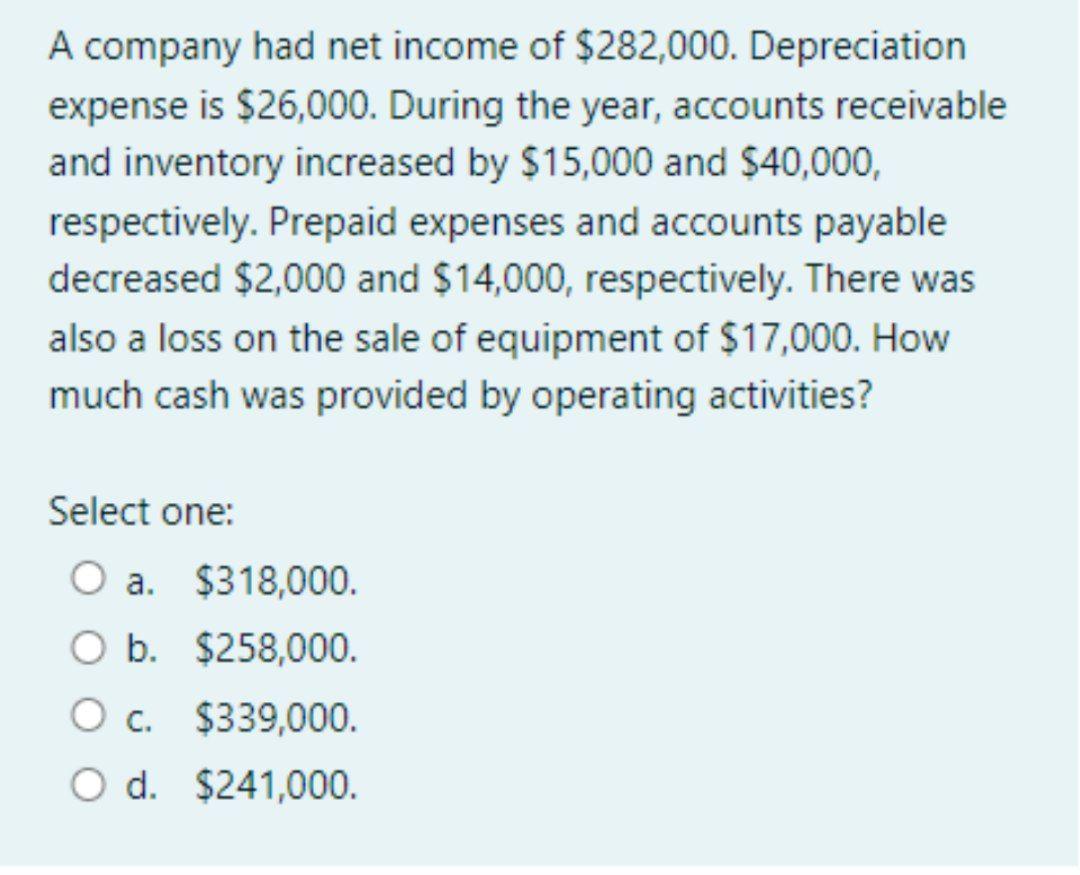 A company had net income of $282,000. Depreciationexpense is $26,000. During the year, accounts receivableand inventory inc