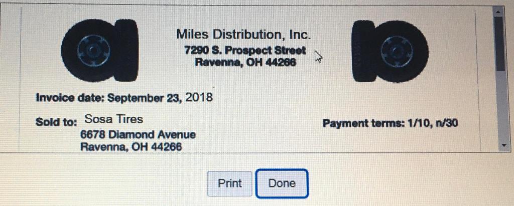 Miles Distribution, Inc.7290 S. Prospect StreetRavenna, OH 44266Invoice date: September 23, 2018Sold to: Sosa Tires6678