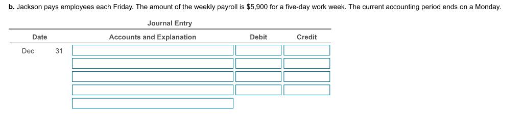 b. Jackson pays employees each Friday. The amount of the weekly payroll is $5,900 for a five-day work week. The current accou