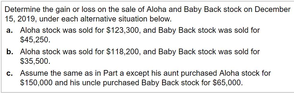 Determine the gain or loss on the sale of Aloha and Baby Back stock on December15, 2019, under each alternative situation be