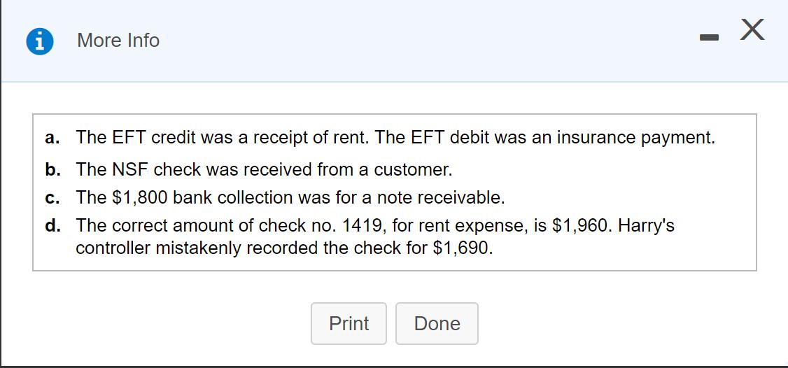 i ХMore Info a. The EFT credit was a receipt of rent. The EFT debit was an insurance payment. b. The NSF check was received