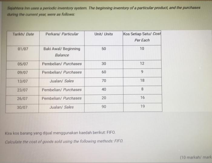 Sejahtera Inn uses a periodic inventory system. The beginning inventory of a particular product, and the purchasesduring the